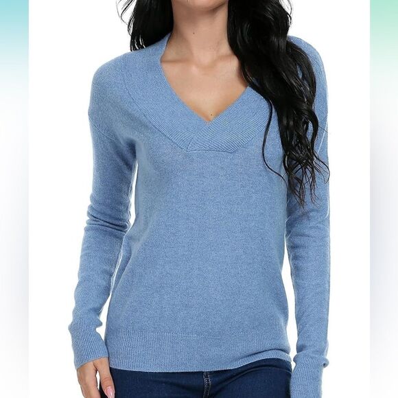 Oshlen V-Neck Blue Long Sleeve Sweater Soft Cashmere Wool Size L - Picture 1 of 10